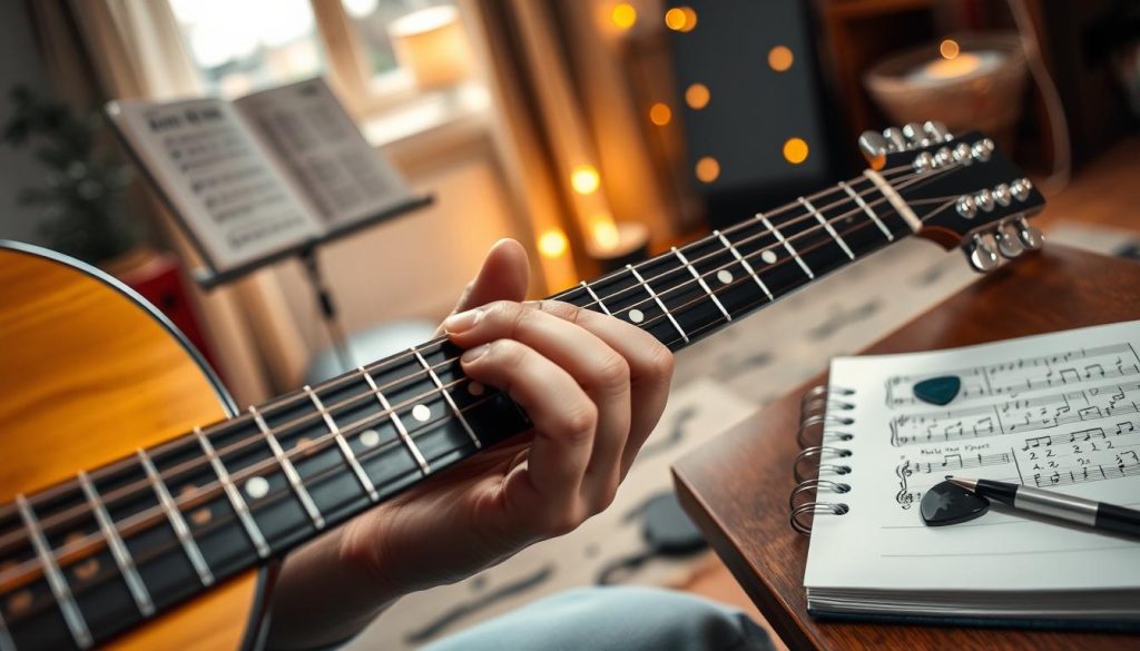 A close-up view of a right hand skillfully playing guitar chords from the classic song "Stairway to Heaven." The hand is positioned on the fretboard, pressing down on the strings, with a focus on the intricate finger placements. The background features a softly lit room with warm, ambient lighting, suggesting a cozy practice space filled with musical notes and a music stand. To the side, there's a notebook with handwritten tablature, alongside a guitar pick, subtly hinting at learning resources. The atmosphere is motivational and serene, capturing the essence of a dedicated musician's journey towards mastering guitar. The composition is shot at a slight angle to highlight the hand and the guitar, creating an intimate connection with the viewer.
