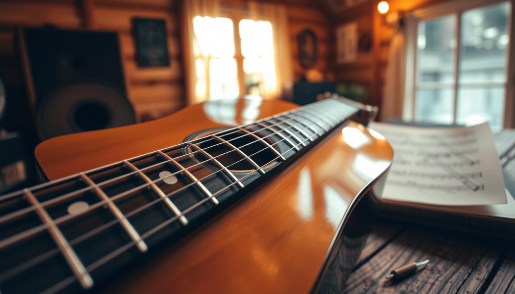 A detailed close-up view of an acoustic guitar, focusing on the fingerboard and fret area, showing essential chord positions for the intro of "Stairway to Heaven." The background features a softly illuminated wooden music room with warm ambient lighting, creating a cozy and inviting atmosphere. Sunlight filters through a nearby window, casting gentle shadows and highlighting the guitar's polished surface. The guitar is placed on a textured, rustic wooden table adorned with sheet music, emphasizing the musical theme. The image captures a sense of serenity and creativity, encouraging viewers to immerse themselves in the art of playing music. No people should be present in the image, ensuring a clean, professional appearance.
