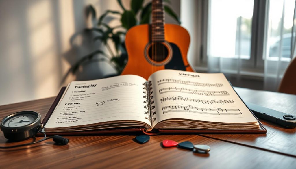 A dynamic training plan layout for guitarists, featuring an organized weekly schedule presented on a wooden table. In the foreground, an open notebook displaying neatly written goals and exercises, surrounded by a metronome and a couple of guitar picks. In the middle ground, a classic acoustic guitar leaning against the table, partially obscured by a set of detailed tablature sheets showing “Stairway to Heaven” chords. The background includes soft ambient lighting filtering through a large window, casting gentle shadows across the scene, and a hint of greenery from a nearby houseplant. The atmosphere is focused and inspiring, ideal for musicians at various skill levels, highlighting dedication and progress in a creative space.