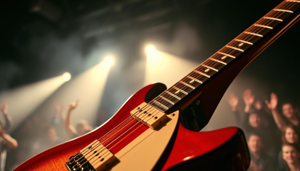 A dramatic close-up of a classic electric guitar, focusing on the fretboard and strings, prominently featuring the iconic riff from "Whole Lotta Love." The guitar is set against a smoky stage backdrop, with subtle beams of light cutting through the haze, creating a vibrant and energetic atmosphere. The scene captures the essence of rock 'n' roll, emphasizing the textures of the guitar's finish and the gleam of the metal hardware. The lighting is warm and moody, highlighting the curves of the instrument and casting soft shadows. In the background, hints of a cheering audience can be seen, blurring into abstract shapes to enhance the dynamic feel without distraction from the main subject. The overall mood is electric and inspiring, channeling the spirit of Jimmy Page's legendary sound. A dramatic close-up of a classic electric guitar, focusing on the fretboard and strings, prominently featuring the iconic riff from "Whole Lotta Love." The guitar is set against a smoky stage backdrop, with subtle beams of light cutting through the haze, creating a vibrant and energetic atmosphere. The scene captures the essence of rock 'n' roll, emphasizing the textures of the guitar's finish and the gleam of the metal hardware. The lighting is warm and moody, highlighting the curves of the instrument and casting soft shadows. In the background, hints of a cheering audience can be seen, blurring into abstract shapes to enhance the dynamic feel without distraction from the main subject. The overall mood is electric and inspiring, channeling the spirit of Jimmy Page's legendary sound.