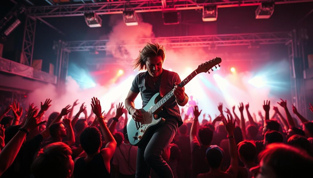 A dynamic and vibrant representation of a rock concert scene, capturing the essence of a powerful musical experience. In the foreground, an electric guitar is strummed passionately by a musician in stylish casual attire, with an intense expression that conveys the emotion of the song. The middle ground features a cheering crowd, with fans exuding excitement and energy, their hands raised in unity. The background reveals a stage illuminated with colorful lights, creating a lively atmosphere. Soft haze effects enhance the stage lights, giving an ethereal glow. The scene is filled with a sense of nostalgia and fervor, embodying the spirit of love and connection through music. The overall mood is electrifying and uplifting, with warm lighting that evokes feelings of joy and passion. A dynamic and vibrant representation of a rock concert scene, capturing the essence of a powerful musical experience. In the foreground, an electric guitar is strummed passionately by a musician in stylish casual attire, with an intense expression that conveys the emotion of the song. The middle ground features a cheering crowd, with fans exuding excitement and energy, their hands raised in unity. The background reveals a stage illuminated with colorful lights, creating a lively atmosphere. Soft haze effects enhance the stage lights, giving an ethereal glow. The scene is filled with a sense of nostalgia and fervor, embodying the spirit of love and connection through music. The overall mood is electrifying and uplifting, with warm lighting that evokes feelings of joy and passion.
