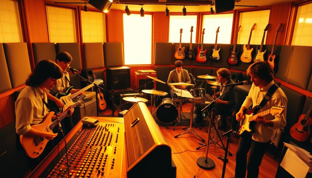 A vibrant interior of Olympic Studios in May 1969, showcasing the energy of a recording session. In the foreground, see musicians in professional casual attire, intensely focused on their instruments and microphones, capturing the essence of rock music. The middle ground features a vintage mixing console with dials and knobs illuminated by warm, ambient lighting, creating a nostalgic atmosphere. In the background, studio sound panels are adorned with acoustic foam, and various vintage guitars hang on the wall. The scene is bathed in soft, golden light filtering through large windows, evoking a sense of creativity and collaboration. Capture this moment with a slight tilt-angle shot to emphasize the dynamic environment and energy within the studio, reminiscent of an iconic era in music history. A vibrant interior of Olympic Studios in May 1969, showcasing the energy of a recording session. In the foreground, see musicians in professional casual attire, intensely focused on their instruments and microphones, capturing the essence of rock music. The middle ground features a vintage mixing console with dials and knobs illuminated by warm, ambient lighting, creating a nostalgic atmosphere. In the background, studio sound panels are adorned with acoustic foam, and various vintage guitars hang on the wall. The scene is bathed in soft, golden light filtering through large windows, evoking a sense of creativity and collaboration. Capture this moment with a slight tilt-angle shot to emphasize the dynamic environment and energy within the studio, reminiscent of an iconic era in music history.