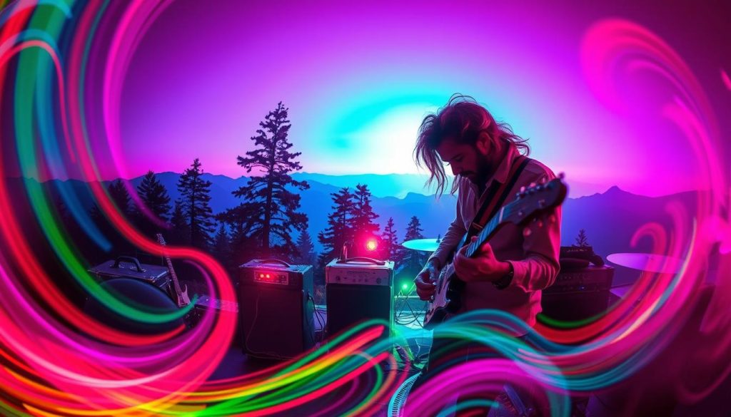 A vibrant psychedelic rock scene showcasing an electric guitar player in a professional casual outfit, immersed in a moment of intense musical experimentation. The foreground features swirling neon colors and abstract shapes that evoke sound waves, resembling a theremin's eerie tones. In the middle, capture instruments like vintage guitars and amplifiers surrounded by colorful lights that create a dynamic, energetic atmosphere. The background includes silhouettes of trees and distant mountains, all painted in surreal hues of pink, blue, and green, blending into a dreamlike sky. The image is bathed in soft, colorful lighting, creating a hypnotic aura, with a slight fish-eye lens effect to enhance the surrealism and draw the viewer’s eye to the music and sound. The overall mood is electric, experimental, and immersive, reflecting the essence of psychedelic rock. A vibrant psychedelic rock scene showcasing an electric guitar player in a professional casual outfit, immersed in a moment of intense musical experimentation. The foreground features swirling neon colors and abstract shapes that evoke sound waves, resembling a theremin's eerie tones. In the middle, capture instruments like vintage guitars and amplifiers surrounded by colorful lights that create a dynamic, energetic atmosphere. The background includes silhouettes of trees and distant mountains, all painted in surreal hues of pink, blue, and green, blending into a dreamlike sky. The image is bathed in soft, colorful lighting, creating a hypnotic aura, with a slight fish-eye lens effect to enhance the surrealism and draw the viewer’s eye to the music and sound. The overall mood is electric, experimental, and immersive, reflecting the essence of psychedelic rock.