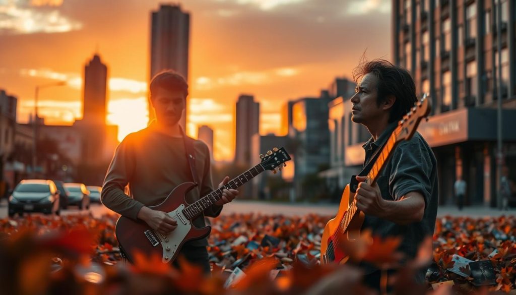 A captivating scene depicting the essence of inspiration in rock music, influenced by daily life. In the foreground, an artist with a guitar stands pensively, his face illuminated softly by warm, golden light, wearing a casual yet stylish outfit. The middle ground features a bustling city street with album covers scattered like leaves, showcasing iconic rock album designs. In the background, tall buildings are silhouetted against a dramatic sunset, blending hues of orange and purple, evoking a sense of longing and aspiration. The overall mood is reflective and creative, capturing the intersection between everyday experiences and the powerful spirit of rock music. Use a shallow depth of field to focus on the artist while gently blurring the surrounding environment.