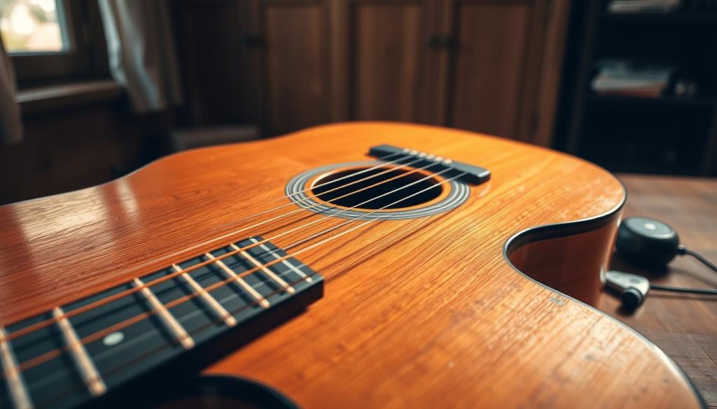 A close-up view of an acoustic guitar with its strings tuned to DADGAD, resting on a wooden table. In the foreground, the guitar's body is prominently displayed, showcasing its rich wood grain and intricate soundhole design. Light filters in from a nearby window, casting soft shadows and illuminating the strings, highlighting their tension. In the middle ground, a set of guitar picks and a simple tuner can be seen, suggesting preparation for play. The background features a cozy, dimly lit room with warm wooden tones, evoking a serene and focused atmosphere. The composition should convey a sense of anticipation and creativity, emphasizing the unique sound preparation for playing "Kashmir."
