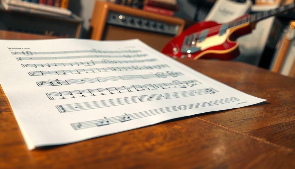 A detailed illustration of a guitar tablature sheet laid out on a wooden table, showcasing the iconic riff from "Whole Lotta Love". The foreground features crisp, handwritten notations and chord diagrams in black ink against a white background, emphasizing clarity. In the middle ground, a close-up of a classic electric guitar, partially visible, captures its shiny chrome hardware and vivid color, hinting at rock music’s energy. The background softly blurred, displays an ambient setting of a cozy music room with dim lighting, highlighting a few music books and a vintage amplifier, creating a warm, inviting atmosphere. The mood is nostalgic and inspirational, perfect for guitar enthusiasts eager to learn. The image must be devoid of any text or markings. A detailed illustration of a guitar tablature sheet laid out on a wooden table, showcasing the iconic riff from "Whole Lotta Love". The foreground features crisp, handwritten notations and chord diagrams in black ink against a white background, emphasizing clarity. In the middle ground, a close-up of a classic electric guitar, partially visible, captures its shiny chrome hardware and vivid color, hinting at rock music’s energy. The background softly blurred, displays an ambient setting of a cozy music room with dim lighting, highlighting a few music books and a vintage amplifier, creating a warm, inviting atmosphere. The mood is nostalgic and inspirational, perfect for guitar enthusiasts eager to learn. The image must be devoid of any text or markings.