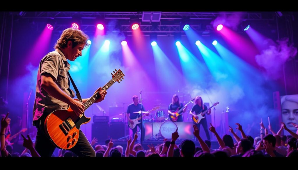 A dynamic and evocative depiction of a rock band performing "Kashmir" on a grand stage. In the foreground, a lead guitarist passionately playing an electric guitar, dressed in stylish casual attire. The middle layer showcases the band members, including a drummer and bassist, all fully immersed in their performance, with instruments reflecting stage lights. In the background, a crowd of enthusiastic fans, their faces illuminated by colorful stage lighting, creating an electric atmosphere. Soft smoke emanates from the stage, and dramatic lighting casts dynamic shadows, enhancing the intensity of the moment. The setting is an iconic rock venue, with vibrant hues of purple and blue, conveying a sense of energy and nostalgia, reminiscent of the unique sound and experience of "Kashmir" in the rock genre.