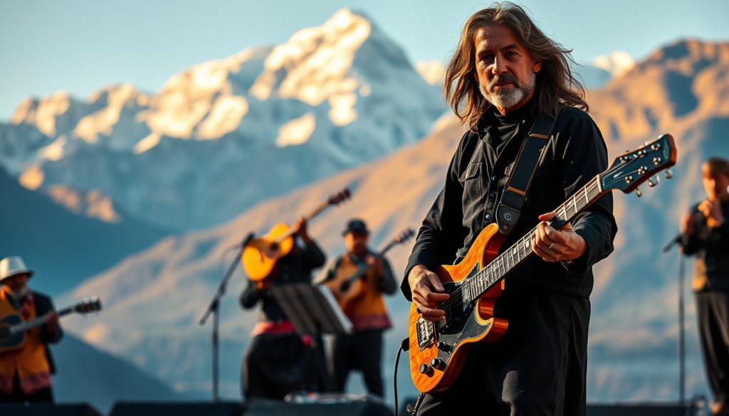 A dynamic image of a middle-aged man resembling a legendary rock guitarist, standing confidently on a stage, surrounded by a visually striking landscape that echoes the epic feel of Kashmir. In the foreground, the guitarist is donned in a stylish, modest black outfit, holding a vintage electric guitar, with long hair flowing elegantly. In the middle ground, musicians play traditional Kashmiri instruments harmoniously alongside him, blending cultures. The background features majestic Himalayan mountains bathed in warm golden sunlight, evoking a sense of awe and grandeur. The lighting is dramatic, casting soft shadows that enhance the mood of intensity and passion. A wide-angle perspective captures the dramatic scale of the scene, emphasizing the connection between the music and the enchanting landscape.