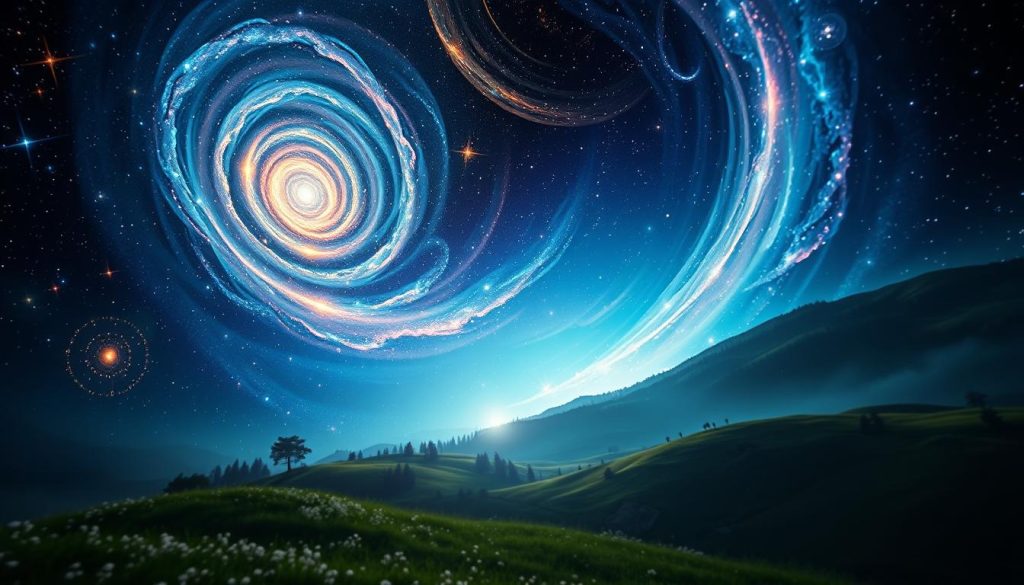 A stunning representation of a journey through time and space, featuring a luminous cosmic landscape. In the foreground, a vibrant, swirling galaxy with bright stars and celestial bodies glows against a dark backdrop. In the middle ground, a mystical portal reveals a serene valley of Kashmir, with lush green mountains and blooming meadows, inviting viewers to step through the cosmic threshold. The background shows a starry night sky blending seamlessly with the ethereal light of the galaxy. The scene is bathed in soft, ambient lighting, creating an enchanting and contemplative atmosphere. The angle should emphasize the depth of the journey, drawing the viewer's eyes from the cosmic swirl to the tranquil beauty of Kashmir, evoking a sense of wonder and exploration. No text or overlays present.