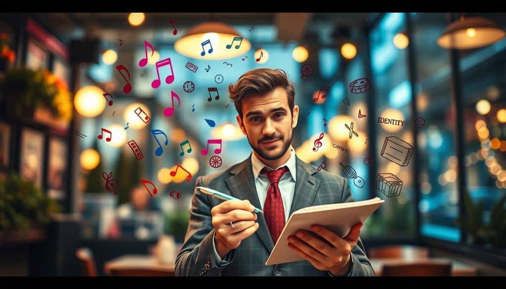 A vibrant and engaging scene illustrating the fusion of modern French lyrics and humor in social commentary. In the foreground, a well-dressed person with an expressive face, symbolizing a songwriter, is holding a pen and notepad, jotting down lyrics that seem to spring to life around them. In the middle, colorful, abstract musical notes and whimsical doodles representing societal issues, like community and identity, swirl around, creating a dynamic atmosphere. The background features a cozy café setting with warm, ambient lighting, capturing a lively yet introspective mood. The scene is framed by soft bokeh of city lights, lending a dreamy quality to the image. The lens should be slightly wide, allowing for a creative perspective, while ensuring all elements are harmonious and visually appealing.