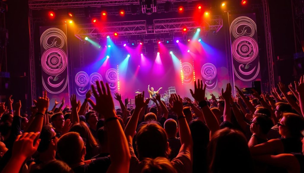 A vibrant live concert scene capturing the energy of a rock performance. In the foreground, enthusiastic fans are cheering and raising their hands, their faces illuminated by colorful stage lights. The middle ground features a dynamic rock band passionately playing their instruments, with the lead singer engaging the audience. The backdrop showcases a grand stage adorned with bright, swirling lights and large banners flanking the band. Use a high-angle perspective that emphasizes the connection between the performers and the crowd. The atmosphere is electric, filled with excitement and anticipation, enhanced by dramatic lighting that creates a warm, inviting glow. The image should evoke the spirit of live music and the communal experience of concerts, celebrating pivotal moments in rock history.