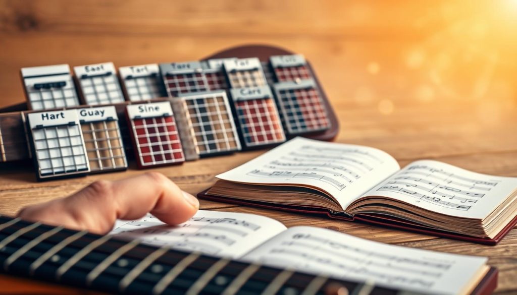 A beautifully arranged selection of guitar chords displayed on a wooden surface, emphasizing various chord shapes and finger placements. In the foreground, detailed close-ups of the chords, showing the fingers of a musician expertly positioned on the guitar fretboard, conveying a sense of mastery. The middle ground features an open guitar tablature book, its pages slightly turned, containing notations and diagrams, hinting at the complexity of harmony and tone. The background includes soft, out-of-focus musical notes and abstract waveforms, creating an atmosphere of creativity and melody. Gentle, warm lighting enhances the textures of the wood and the instrument, while casting soft shadows that invite contemplation. The overall mood is inspiring and educational, perfect for musicians looking to deepen their understanding of harmony.
