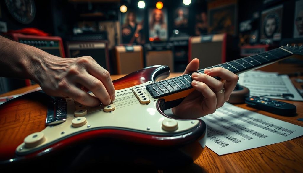 A close-up shot of a skilled guitarist's hands positioned on a vintage electric guitar, surrounded by intricate tablature sheets featuring the iconic riff of "Immigrant Song." In the foreground, emphasize the hands deftly applying techniques reminiscent of Jimmy Page, showcasing finger movements over the frets and a delicate picking style. The middle ground includes a warm, inviting wooden table scattered with guitar picks, a metronome, and sheet music. In the background, softly blurred, hints of a dimly lit music studio filled with amplifiers and vintage posters of rock legends create an immersive atmosphere. The lighting is dramatic, with focused beams highlighting the guitar and the musician's hands, conveying an intense, passionate mood ideal for capturing the essence of authentic rock music techniques.