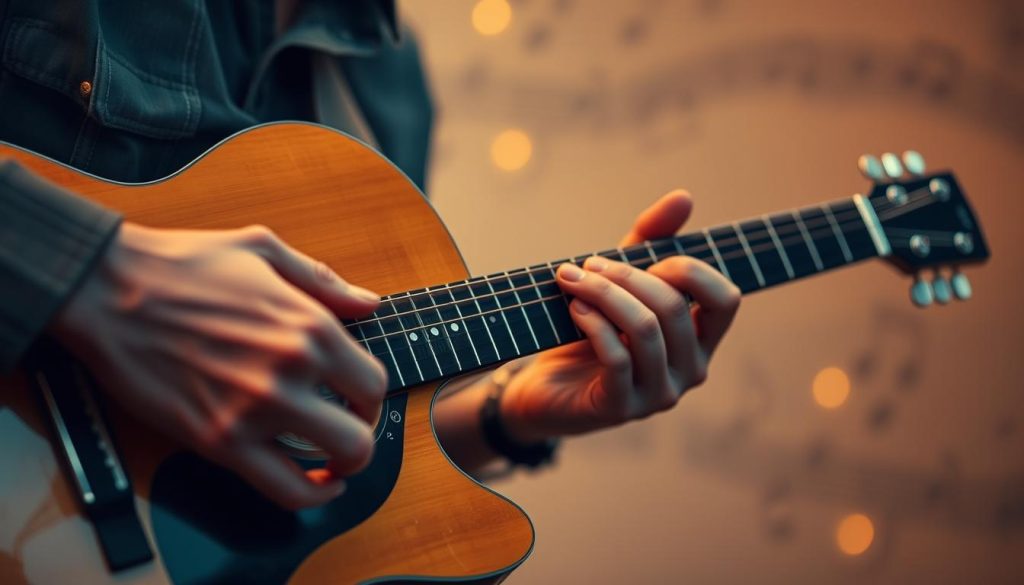 A close-up view of a musician's hands skillfully playing a guitar, focusing on the intricate finger movements and angles that create rhythmic patterns. The hands are dressed in modest attire, emphasizing technique over style. The background features softly blurred musical notes and a subtle representation of sound waves, conveying a sense of rhythm and flow. Warm, ambient lighting highlights the texture of the guitar and the musician's skin, enhancing the dynamic energy of the scene. The composition captures a sense of focus and motion, allowing viewers to feel the pulse of the music and the economy of movement involved in the act of playing. The overall atmosphere is inspiring and creative, inviting appreciation for the art of rhythm.