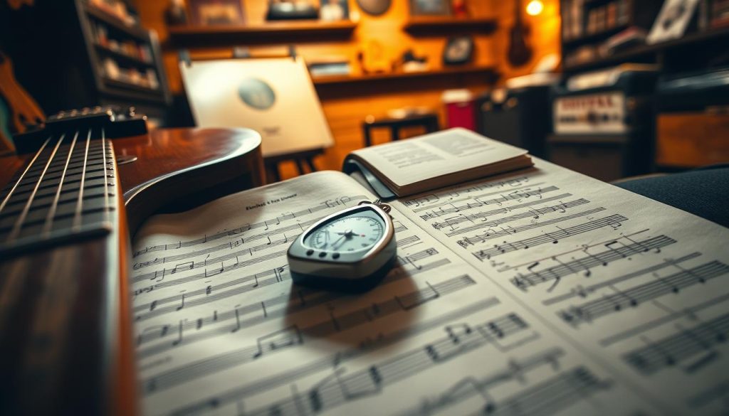 A close-up view of a vintage guitar resting on an intricate tablature sheet, prominently featuring the iconic riff from "Black Dog." The foreground showcases the detailed texture of the guitar's wood and strings, while the tablature sheet, slightly crumpled, is filled with clear, handwritten notes and markings. In the middle ground, a soft-focused metronome sits beside a small, open notebook filled with tips and rhythm exercises. The background reveals a cozy, dimly-lit music room, with warm lighting highlighting the wooden walls and shelves filled with musical paraphernalia, creating an inviting atmosphere. The angle is slightly elevated, capturing the essence of an enthusiast's practice space, evoking a sense of passion and creativity in music.