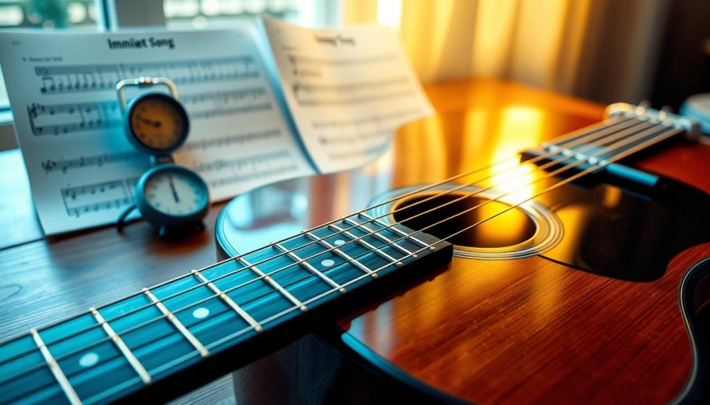 A close-up view of an acoustic guitar resting on a wooden table, tuned to standard EADGBE. The guitar's polished surface reflects soft, warm light coming from a nearby window, creating an inviting ambiance. In the background, a well-organized music sheet displays the tab for "Immigrant Song," with notes clearly marked. A metronome sits beside the guitar, illustrating the importance of tempo and timing in practice. The setting is cozy, with a subtle haze of golden light adding to the atmosphere of creativity and focus. The frame captures the essence of a musical lesson, highlighting the gear and environment essential for perfecting the iconic Jimmy Page sound.