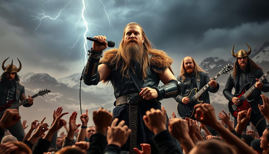 A dramatic viking metal scene set in the foreground features a powerful, bearded male singer with long hair, clad in traditional viking armor and holding a microphone. Surrounding him are dynamic guitarists, dressed in leather jackets and chains, passionately playing electric guitars, their expressions fierce and confident. In the middle, a crowd of enthusiastic fans, some wearing viking helmets, raise their fists in the air, creating a sense of energy and camaraderie. The background depicts a misty, rugged landscape of snow-capped mountains under a stormy sky, with flashes of lightning illuminating the scene. Soft, dramatic lighting highlights the performers, while darker shadows enhance the intensity of the atmosphere, evoking a sense of power and majesty associated with viking metal music. The angle captures the action from slightly below, emphasizing the singers' dominance on stage.
