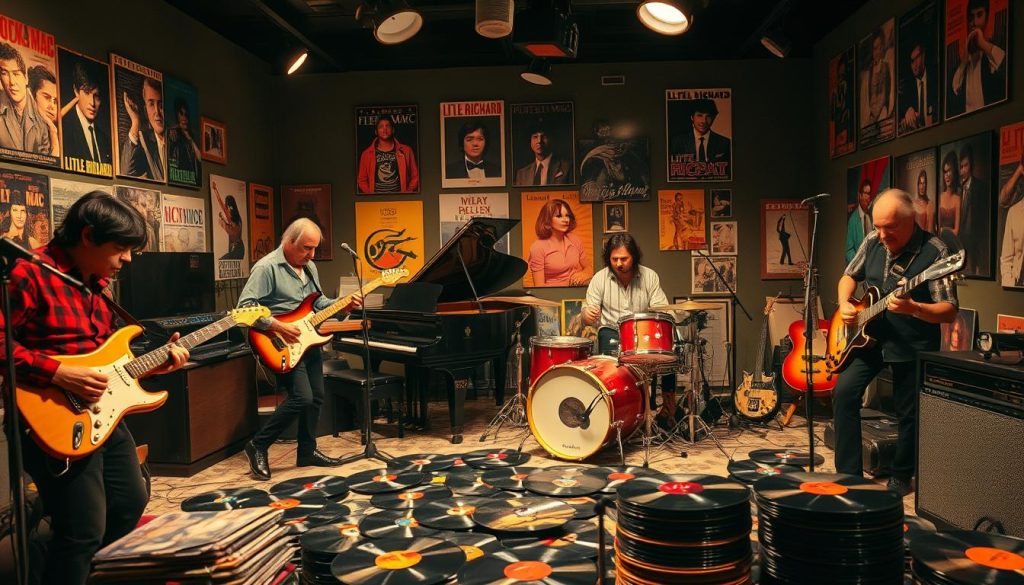 A dynamic rock and roll scene featuring musicians in a vintage recording studio, channeling the influences of Little Richard to Fleetwood Mac. In the foreground, a diverse ensemble of musicians passionately plays classic instruments—an electric guitar, a grand piano, and a vibrant drum set. The middle ground showcases iconic vinyl records scattered around, symbolizing the era’s musical heritage. In the background, posters of legendary artists like Little Richard and Fleetwood Mac adorn the studio walls, creating an immersive atmosphere. Soft, warm lighting illuminates the space, casting a nostalgic glow that evokes the creativity and excitement of the 1970s rock scene. The image captures a vibrant energy, reflecting the spirit of musical transmutation that defines the genre.