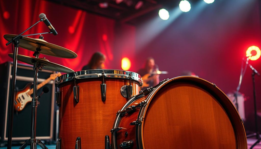 A dynamic scene featuring a vintage John Bonham-style drum kit prominently in the foreground, with polished wood finish and detailed metal hardware, capturing the essence of rock music. The middle ground includes an electric guitar and amps, hinting at the powerful fusion of sound in a live performance. The background displays a softly lit stage with vibrant, swirling lights in warm hues, evoking the energy and excitement of a classic rock concert. The overall atmosphere should exude nostalgia and intensity, reminiscent of the Led Zeppelin IV era. The lighting should be dramatic, casting shadows that enhance the texture of the drums and instruments, while focusing on rich colors that amplify the rock and roll spirit.