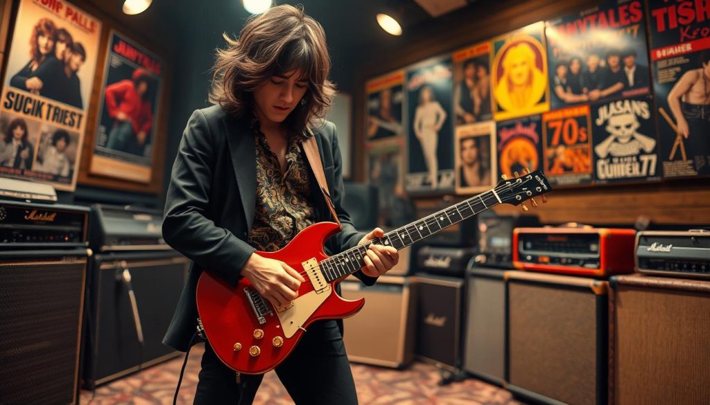 A dynamic scene featuring a young Jimmy Page in a 1971 music studio, showcasing his iconic style. Foreground: Jimmy, dressed in a stylish vintage outfit—black bell-bottom pants, a flowing paisley shirt, and a waist-length jacket—focused intently on playing an electric guitar. Middle ground: an array of vintage amplifiers and recording equipment, enhancing the authenticity of the environment. Background: lined with posters of 70s rock bands, dimly lit with warm, ambient lighting that creates a nostalgic atmosphere. The lens captures a close-up view that emphasizes Page’s passionate expression and the intricate details of the guitar. The overall mood is one of creative energy and the vibrant spirit of the era, reflecting the musical exploration of the time.