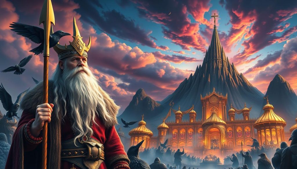 A majestic scene illustrating Nordic mythology, featuring Valhalla, Odin, and Asgard. In the foreground, a powerful figure of Odin with a long white beard, adorned in rich Viking attire, holding a spear, surrounded by ravens that symbolize wisdom. The middle ground reveals Valhalla, depicted as a grand hall with golden roofs and flowing banners, bustling with warrior spirits feasting and celebrating. In the background, Asgard rises against a dramatic sky filled with swirling clouds, vibrant hues of twilight casting an ethereal glow. The lighting is dynamic, highlighting the figures and structures, creating a mystical atmosphere. Capture the grandeur and mythology of the Viking era with an epic sense of adventure and reverence.