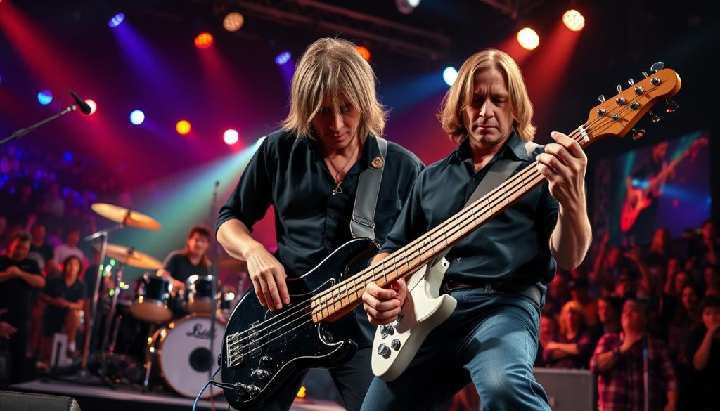 A powerful and dynamic scene featuring John Paul Jones passionately playing a bass guitar on stage. He is depicted with medium-length hair, wearing a stylish black shirt and jeans, showcasing his focus and energy. The foreground captures him in mid-performance, with fingers deftly plucking the bass strings, sending vibrations through the air. The middle ground includes an impressive drum set, with John Bonham expertly playing, creating a rhythmic, thunderous sound. The background is filled with an electrified audience, illuminated by colorful stage lights casting a vibrant glow. The atmosphere is intense and exhilarating, reflecting the essence of rock and roll. The composition should be shot from slightly below eye level, emphasizing the sheer power of the performance, with sharp focus and rich colors that enhance the mood of the scene.