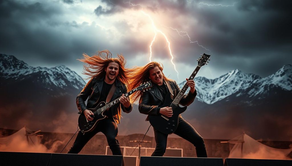 A powerful heavy metal scene set in a Nordic landscape. In the foreground, two diverse musicians passionately performing on stage with electric guitars, dressed in sturdy leather jackets and dark jeans. Their hair flows wildly, embodying vibrant energy. The middle ground features swirling fog and stylized Viking ship silhouettes. In the background, majestic snow-capped mountains rise under a stormy sky, with flashes of lightning illuminating the scene, creating an intense atmosphere. The lighting is dramatic, with deep shadows and warm highlights focusing on the musicians. Capture the essence of heavy metal infused with Nordic mythology, significantly enhancing the emotional impact and mystique of the image.