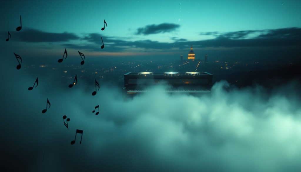 A surreal interpretation of "place des notes et silence," portraying a quiet, abstract musical landscape. In the foreground, dynamic musical notes seem to float gently in mid-air, interspersed with soft, translucent patches of silence, represented by blurred, empty spaces. The middle layer features an ethereal composition of instruments – a piano partially submerged in mist, surrounded by faint echoes of drums, reflecting rhythm and pause. In the background, a dreamlike cityscape emerges, bathed in soft twilight hues, with stars shimmering above, enhancing the calm ambiance. The lighting is soft and diffused, casting gentle shadows. Capture this scene with a wide-angle lens, emphasizing the depth and tranquility, evoking a sense of introspection and layered complexity in rhythm.