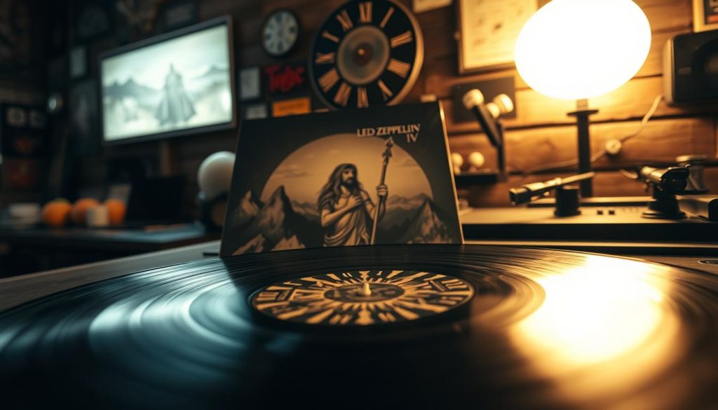 A vintage vinyl record album cover inspired by the aesthetic of Led Zeppelin IV. In the foreground, a partially opened album displaying intricate artwork: an ancient, mysterious figure holding a staff, surrounded by natural elements like mountains and trees, reflecting a sense of mythology. The middle ground features soft shadows and muted colors, evoking a sense of nostalgia and history. The background includes a dimly lit room with rustic wooden walls adorned with rock memorabilia and a vintage turntable softly glowing under warm, ambient lighting. The atmosphere is moody and contemplative, capturing the essence of rock music's golden age, with a lens perspective that creates an intimate, inviting scene perfect for a music lover.