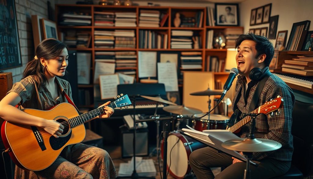 A visually captivating scene representing musical reinterpretation, featuring a diverse group of musicians in a cozy, warmly lit studio. In the foreground, a female guitarist strums an acoustic guitar, her expression focused and inspired, wearing a modest bohemian-style outfit. Beside her, a male vocalist passionately sings into a vintage microphone, dressed in smart-casual attire. The middle ground reveals a variety of instruments, including a piano and a drum set, surrounded by handwritten notes and musical sheets, hinting at the creative process. In the background, shelves stacked with records and cultural artifacts evoke a rich atmosphere of artistic history. Soft, ambient lighting enhances the mood, casting gentle shadows and highlights that reflect a sense of collaboration and innovation in music.