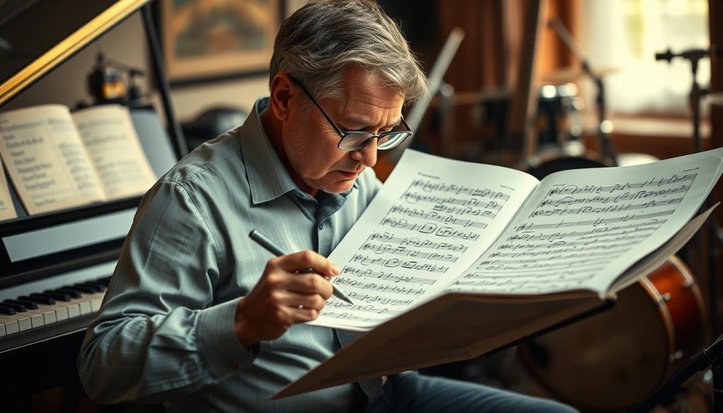 An artistic representation of a musician deeply engaged in analyzing complex rhythms on a large sheet of music, surrounded by various musical instruments like a piano, a guitar, and a drum set. In the foreground, show the musician, a middle-aged individual in professional attire, focused and taking notes, with a look of determination. The middle ground features intricate sheet music with marked measures, while the background is softly blurred with warm lighting, creating an intimate atmosphere. Use a shallow depth of field to highlight the musician and the music sheets. The mood should convey concentration and a sense of discovery, illustrating a methodical approach to understanding intricate rhythms.