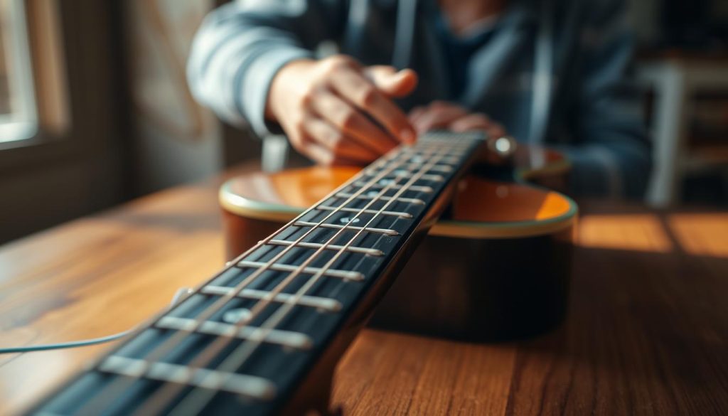 A close-up shot of an acoustic guitar neck, beautifully detailed in open G tuning, displaying clear, well-defined fret markers and strings. The guitar is positioned on a rustic wooden table, with soft, warm lighting casting gentle shadows, enhancing the wood grain texture. In the background, a blurred musician's hand reaches for a chord, fingers poised to play a delicate note, creating a sense of anticipation and focus. The atmosphere is tranquil and contemplative, invoking the essence of the song "Rain Song." The scene is framed with a shallow depth of field to draw attention to the guitar tuning and the hand positioning, suggesting a calm afternoon of practice and musical exploration. A close-up shot of an acoustic guitar neck, beautifully detailed in open G tuning, displaying clear, well-defined fret markers and strings. The guitar is positioned on a rustic wooden table, with soft, warm lighting casting gentle shadows, enhancing the wood grain texture. In the background, a blurred musician's hand reaches for a chord, fingers poised to play a delicate note, creating a sense of anticipation and focus. The atmosphere is tranquil and contemplative, invoking the essence of the song "Rain Song." The scene is framed with a shallow depth of field to draw attention to the guitar tuning and the hand positioning, suggesting a calm afternoon of practice and musical exploration.