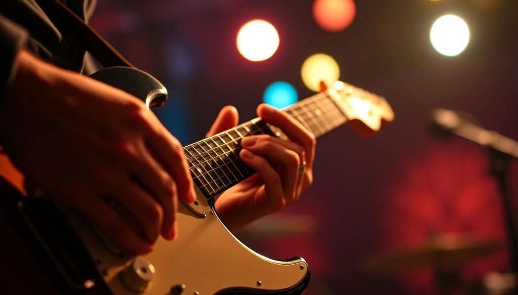 A close-up view of a skilled musician's hands deftly playing an electric guitar, showcasing a series of expressive bends on the strings. The focus is on the guitarist's fingers dramatically pulling the strings, demonstrating passion and technique. The scene is illuminated with warm, soft lighting to create an intimate atmosphere, with a shallow depth of field that blurs the background, revealing a dimly lit stage with subtle hints of colorful lights. The foreground captures the intricacies of the guitar's body, highlighting its craftsmanship. The mood is soulful and evocative, reflecting the deep emotional connection of blues music. The angle is slightly tilted upward, emphasizing the dynamic movement of the musician’s hands in action. A close-up view of a skilled musician's hands deftly playing an electric guitar, showcasing a series of expressive bends on the strings. The focus is on the guitarist's fingers dramatically pulling the strings, demonstrating passion and technique. The scene is illuminated with warm, soft lighting to create an intimate atmosphere, with a shallow depth of field that blurs the background, revealing a dimly lit stage with subtle hints of colorful lights. The foreground captures the intricacies of the guitar's body, highlighting its craftsmanship. The mood is soulful and evocative, reflecting the deep emotional connection of blues music. The angle is slightly tilted upward, emphasizing the dynamic movement of the musician’s hands in action.