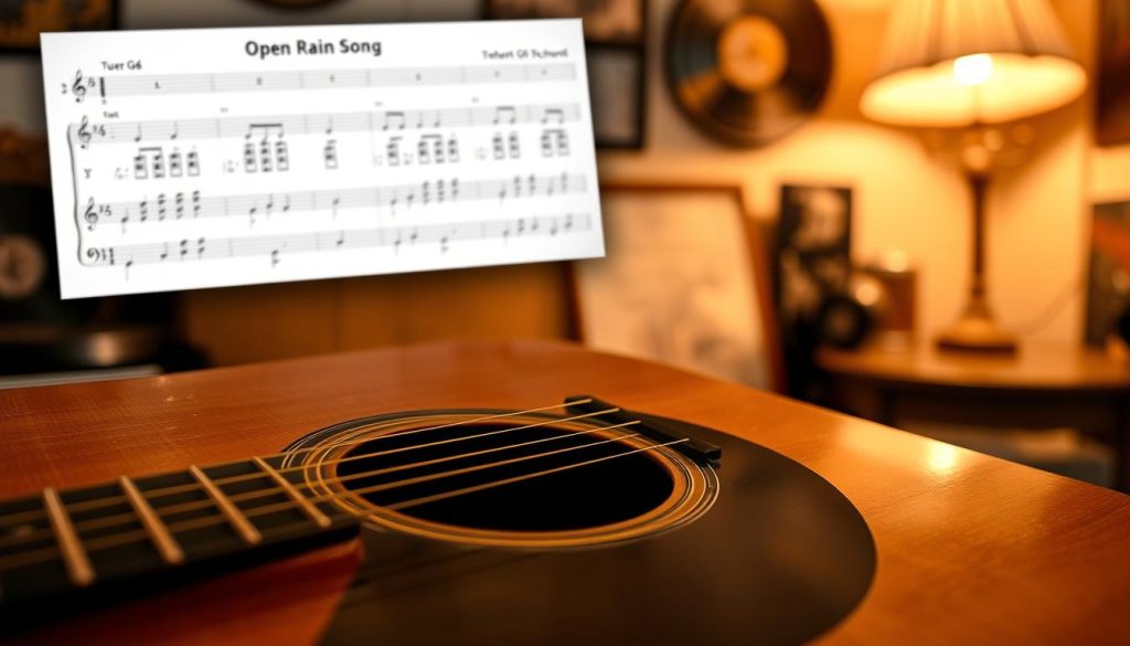 A close-up view of an acoustic guitar, specifically tuned to an Open G6 chord. The guitar should stand prominently in the foreground, showcasing intricate details like the wood grain and polished finish as it catches warm, golden lighting. In the middle, display a subtle, blurred-out effect of sheet music featuring chord diagrams and notes from "The Rain Song" to evoke a sense of musical analysis. The background should feature a cozy, softly lit room, with hints of vintage musical decor like records and a dimly lit lamp, creating an inviting ambiance. The overall mood is reflective and warm, inviting the viewer to imagine the rich, harmonious sound of the iconic Jimmy Page. A close-up view of an acoustic guitar, specifically tuned to an Open G6 chord. The guitar should stand prominently in the foreground, showcasing intricate details like the wood grain and polished finish as it catches warm, golden lighting. In the middle, display a subtle, blurred-out effect of sheet music featuring chord diagrams and notes from "The Rain Song" to evoke a sense of musical analysis. The background should feature a cozy, softly lit room, with hints of vintage musical decor like records and a dimly lit lamp, creating an inviting ambiance. The overall mood is reflective and warm, inviting the viewer to imagine the rich, harmonious sound of the iconic Jimmy Page.