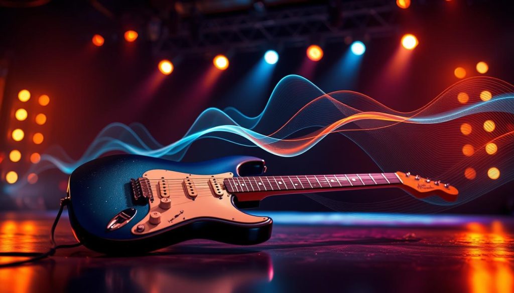 A dynamic electric guitar, elegantly positioned in the foreground, showcases its sleek body illuminated by soft, warm lighting, casting gentle reflections. The guitar's vibrant finish, a gradient of deep blue fading into shimmering silver, hints at the emotional range of music it can produce. In the middle ground, an abstract representation of sound waves emanates from the guitar, illustrated with flowing lines in complementary colors that evoke a sense of movement and fluidity, transitioning from tranquil blue tones to powerful oranges and reds. The background features a blurred concert stage with dimmed lighting, enhancing the intimate yet powerful atmosphere. The scene should capture the essence of contrasting dynamics, reflecting both the sweet melodies and passionate crescendos akin to "Rain Song." A dynamic electric guitar, elegantly positioned in the foreground, showcases its sleek body illuminated by soft, warm lighting, casting gentle reflections. The guitar's vibrant finish, a gradient of deep blue fading into shimmering silver, hints at the emotional range of music it can produce. In the middle ground, an abstract representation of sound waves emanates from the guitar, illustrated with flowing lines in complementary colors that evoke a sense of movement and fluidity, transitioning from tranquil blue tones to powerful oranges and reds. The background features a blurred concert stage with dimmed lighting, enhancing the intimate yet powerful atmosphere. The scene should capture the essence of contrasting dynamics, reflecting both the sweet melodies and passionate crescendos akin to "Rain Song."