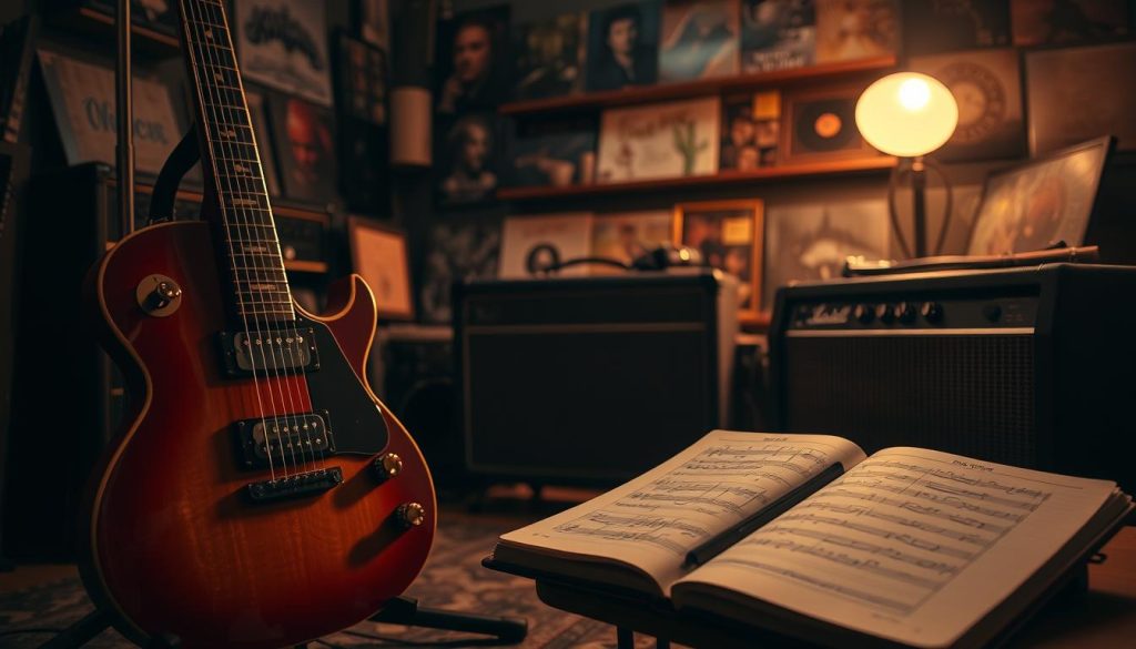 A dynamic scene capturing the essence of a guitar riff inspired by Jimmy Page, set in a cozy, dimly lit music studio. In the foreground, a vintage electric guitar rests on a stand, gleaming under soft, warm light. The middle ground features an open notebook filled with music notes and sketches, alongside a classic amplifier emitting a gentle glow. In the background, shelves lined with vinyl records and music memorabilia create an inviting atmosphere. The lighting creates a moody, nostalgic ambiance, emphasizing the creativity and passion associated with songwriting. Aim for a slightly angled perspective to enhance depth, evoking the feeling of a moment frozen in time—an intimate journey through music and art, reminiscent of the iconic 'Ramble On' vibe. A dynamic scene capturing the essence of a guitar riff inspired by Jimmy Page, set in a cozy, dimly lit music studio. In the foreground, a vintage electric guitar rests on a stand, gleaming under soft, warm light. The middle ground features an open notebook filled with music notes and sketches, alongside a classic amplifier emitting a gentle glow. In the background, shelves lined with vinyl records and music memorabilia create an inviting atmosphere. The lighting creates a moody, nostalgic ambiance, emphasizing the creativity and passion associated with songwriting. Aim for a slightly angled perspective to enhance depth, evoking the feeling of a moment frozen in time—an intimate journey through music and art, reminiscent of the iconic 'Ramble On' vibe.
