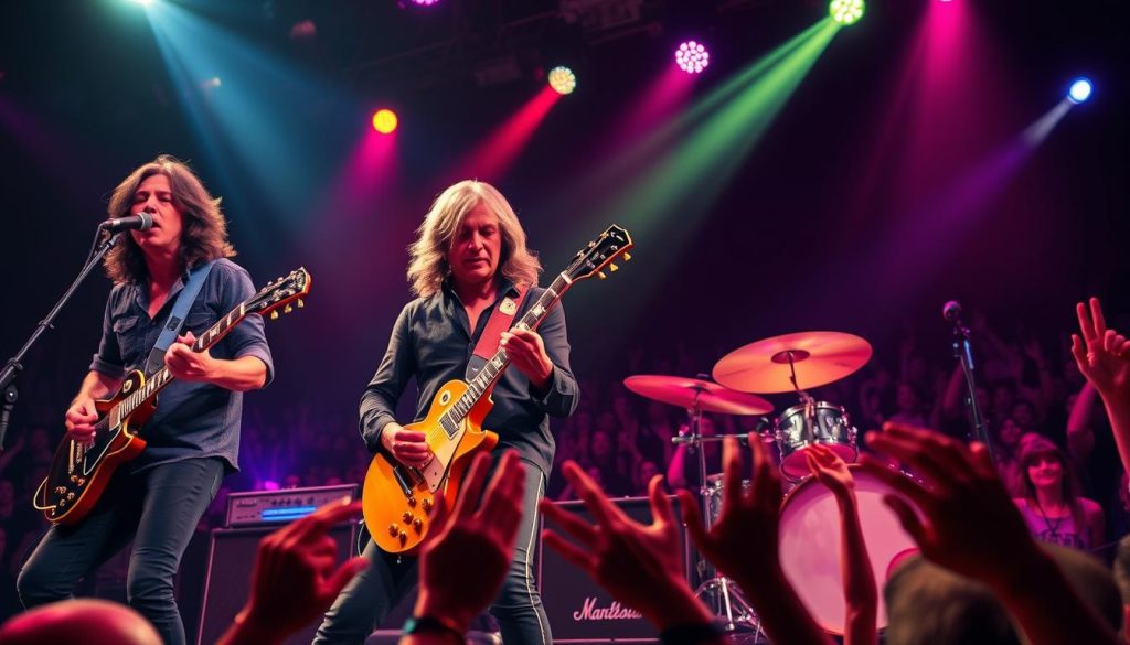 A powerful live performance scene featuring the iconic rock band Led Zeppelin, capturing the energy of their signature blues-rock sound. In the foreground, the band members are energetically playing their instruments; Robert Plant passionately singing with an intense expression, Jimmy Page playing a classic Les Paul guitar with a hint of mystique in his eyes, and John Bonham on drums, exuding raw power. The middle ground showcases amplifiers and glowing stage lights, creating a dramatic ambiance. The background is filled with a captivated crowd, hands raised in excitement under vibrant colored lights. The lighting is dynamic, with sharp contrasts illuminating the band. Capture this moment in a wide-angle view to enhance the atmosphere of a legendary live concert experience.
