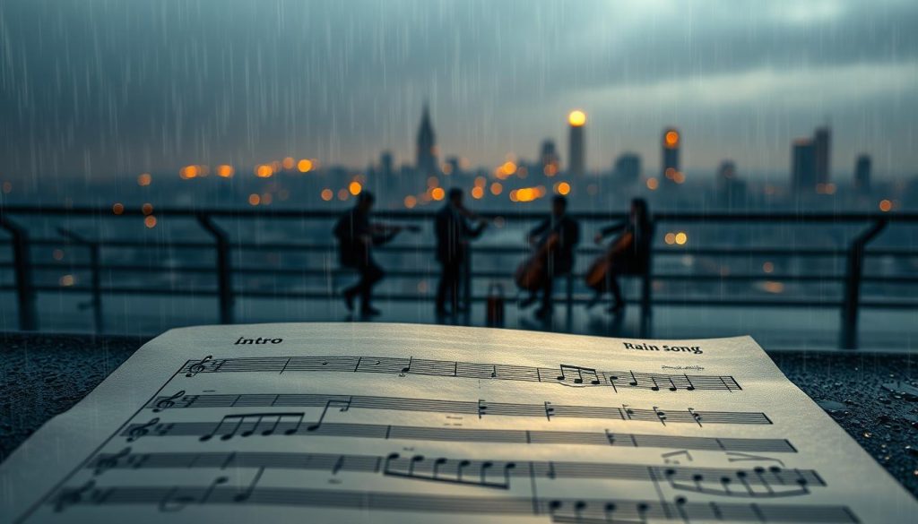A serene and contemplative visual representation of the "Rain Song" structure, featuring a layered musical score laid out in the foreground, with distinct sections labeled as "intro," "couplets," "montée," and "coda." Each section is illustrated with musical notes and soft rain drops delicately falling over the score, suggesting harmony and rhythm. In the middle ground, a tranquil landscape of blurred silhouettes of musicians playing instruments under a gentle rain, evoking emotion and connection to the music. The background consists of a dimly lit city skyline, with soft golden lights reflecting off wet surfaces, adding a cozy and introspective atmosphere. The lighting is soft and diffused, resembling a peaceful twilight, creating a sense of calm and reflection, with a focus on the interaction of music and rain. A serene and contemplative visual representation of the "Rain Song" structure, featuring a layered musical score laid out in the foreground, with distinct sections labeled as "intro," "couplets," "montée," and "coda." Each section is illustrated with musical notes and soft rain drops delicately falling over the score, suggesting harmony and rhythm. In the middle ground, a tranquil landscape of blurred silhouettes of musicians playing instruments under a gentle rain, evoking emotion and connection to the music. The background consists of a dimly lit city skyline, with soft golden lights reflecting off wet surfaces, adding a cozy and introspective atmosphere. The lighting is soft and diffused, resembling a peaceful twilight, creating a sense of calm and reflection, with a focus on the interaction of music and rain.