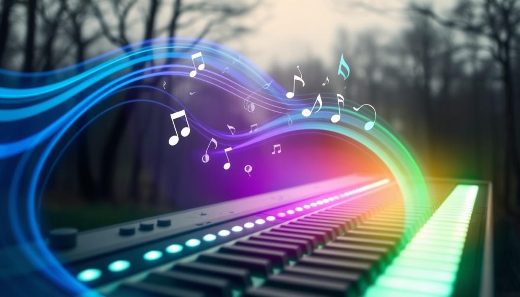 A serene and ethereal visualization of "reverb sound," capturing the essence of a Mellotron and its lush orchestration. In the foreground, a vintage Mellotron keyboard with softly glowing keys, surrounded by swirling sound waves depicted as vibrant colors—blues, purples, and greens—emanating outward. In the middle ground, layers of abstract musical notes float gently, intertwining with delicate droplets of rain reflecting soft light. The background features blurred silhouettes of trees and a misty sky, giving a sense of depth and space as if the sound is reverberating through a tranquil forest. Soft, diffused lighting casts a dreamy atmosphere, accentuating the feeling of harmony and ambiance, with an overall mood that is calm, reflective, and immersive. A serene and ethereal visualization of "reverb sound," capturing the essence of a Mellotron and its lush orchestration. In the foreground, a vintage Mellotron keyboard with softly glowing keys, surrounded by swirling sound waves depicted as vibrant colors—blues, purples, and greens—emanating outward. In the middle ground, layers of abstract musical notes float gently, intertwining with delicate droplets of rain reflecting soft light. The background features blurred silhouettes of trees and a misty sky, giving a sense of depth and space as if the sound is reverberating through a tranquil forest. Soft, diffused lighting casts a dreamy atmosphere, accentuating the feeling of harmony and ambiance, with an overall mood that is calm, reflective, and immersive.