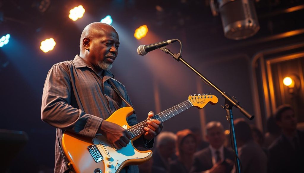 A soulful blues musician passionately playing an electric guitar on stage, capturing deep emotions. The foreground features the musician, a middle-aged Black man in a stylish, modest outfit, lost in the music, with bright stage lights highlighting his focused expression. In the middle ground, a vintage microphone stands, and soft, glowing spotlights create a warm ambiance. The background displays a dimly lit jazz club filled with silhouettes of captivated audience members, adding depth to the scene. The lighting is a mix of blue and gold hues, enhancing the mood of nostalgia and heartfelt connection. The image should convey the essence of blues music, blending emotion and technique seamlessly. A soulful blues musician passionately playing an electric guitar on stage, capturing deep emotions. The foreground features the musician, a middle-aged Black man in a stylish, modest outfit, lost in the music, with bright stage lights highlighting his focused expression. In the middle ground, a vintage microphone stands, and soft, glowing spotlights create a warm ambiance. The background displays a dimly lit jazz club filled with silhouettes of captivated audience members, adding depth to the scene. The lighting is a mix of blue and gold hues, enhancing the mood of nostalgia and heartfelt connection. The image should convey the essence of blues music, blending emotion and technique seamlessly.