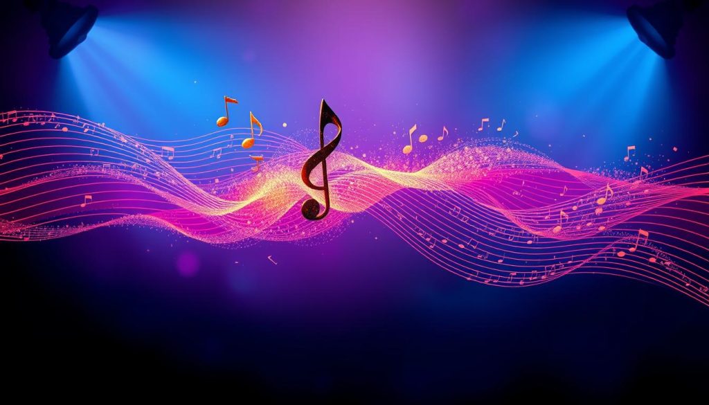 A vibrant and dynamic abstract representation of vibrato in music, illustrating a single musical note emanating waves of sound in a colorful burst. In the foreground, shimmering notes ripple outward, visualizing the movement and emotion of vibrato. The middle layer features soft, flowing lines that intertwine, suggesting the warmth and depth of the sound. The background is a subtle gradient of blues and purples, creating an atmospheric feel that evokes a sense of longing and richness, typical of blues music. The lighting is dramatic, with gentle spotlights that enhance the ethereal quality of the sound waves. The overall mood is soulful and expressive, capturing the essence of making a note "sing." A vibrant and dynamic abstract representation of vibrato in music, illustrating a single musical note emanating waves of sound in a colorful burst. In the foreground, shimmering notes ripple outward, visualizing the movement and emotion of vibrato. The middle layer features soft, flowing lines that intertwine, suggesting the warmth and depth of the sound. The background is a subtle gradient of blues and purples, creating an atmospheric feel that evokes a sense of longing and richness, typical of blues music. The lighting is dramatic, with gentle spotlights that enhance the ethereal quality of the sound waves. The overall mood is soulful and expressive, capturing the essence of making a note "sing."