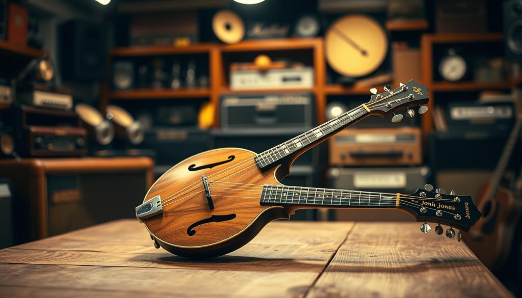 A beautifully crafted John Paul Jones mandolin takes center stage, showcasing its unique shape and fine details—smooth wood grain, intricate inlays, and elegant curves. The mandolin is placed on a rustic wooden table, illuminated by soft, warm overhead lighting that highlights its craftsmanship. In the background, blurred shelves filled with vintage musical equipment create a cozy, studio ambiance, suggesting a rich history of sound. The focus is sharp on the mandolin, with a shallow depth of field that gently blurs the background, creating a sense of intimacy. The overall mood is serene and inviting, evoking the artistry and passion behind the music of "The Battle of Evermore." A beautifully crafted John Paul Jones mandolin takes center stage, showcasing its unique shape and fine details—smooth wood grain, intricate inlays, and elegant curves. The mandolin is placed on a rustic wooden table, illuminated by soft, warm overhead lighting that highlights its craftsmanship. In the background, blurred shelves filled with vintage musical equipment create a cozy, studio ambiance, suggesting a rich history of sound. The focus is sharp on the mandolin, with a shallow depth of field that gently blurs the background, creating a sense of intimacy. The overall mood is serene and inviting, evoking the artistry and passion behind the music of "The Battle of Evermore."