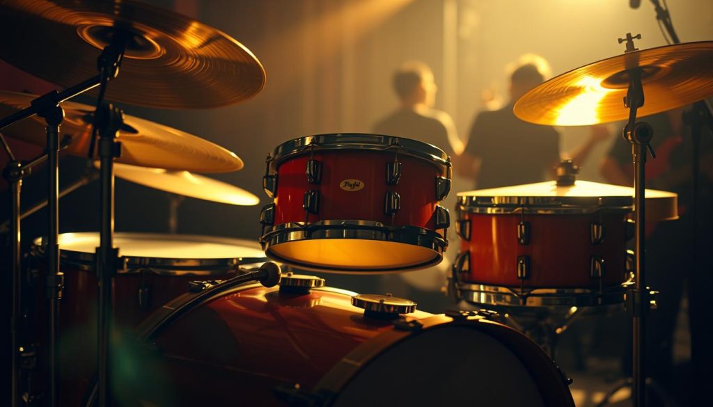 A close-up view of a vintage drum set, reminiscent of the one John Bonham played, showcasing intricate details of the snare and cymbals with a warm, rich wood finish. The drums are positioned in a dynamic, inviting layout, as if ready for a powerful performance. In the background, softly blurred silhouettes of musicians can be seen, creating a sense of energy and collaboration. Subtle golden lighting highlights the drum kit, casting gentle shadows that evoke a feeling of nostalgia and reverence for legendary rock music. The atmosphere is vibrant yet intimate, capturing the essence of Bonham's unique groove and powerful rhythm, ideal for invoking the spirit of classic rock drumming. A close-up view of a vintage drum set, reminiscent of the one John Bonham played, showcasing intricate details of the snare and cymbals with a warm, rich wood finish. The drums are positioned in a dynamic, inviting layout, as if ready for a powerful performance. In the background, softly blurred silhouettes of musicians can be seen, creating a sense of energy and collaboration. Subtle golden lighting highlights the drum kit, casting gentle shadows that evoke a feeling of nostalgia and reverence for legendary rock music. The atmosphere is vibrant yet intimate, capturing the essence of Bonham's unique groove and powerful rhythm, ideal for invoking the spirit of classic rock drumming.