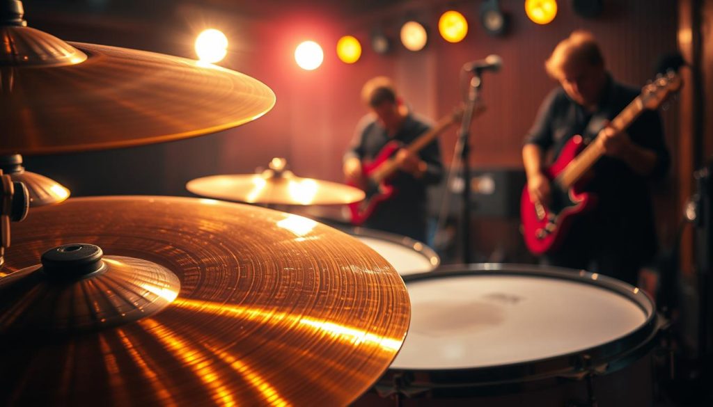 A detailed close-up of a drum set in a softly lit, atmospheric studio setting, capturing the essence of rhythm and groove. In the foreground, focus on beautifully crafted cymbals glinting under warm spotlighting, reflecting intricate textures and patterns. The middle ground features a snare drum with rich wood grains, positioned at an angle that emphasizes its depth and resonance. In the background, blurred silhouettes of musicians engaged in an intense jam session, showcasing their creative energy and passion. The overall mood is dynamic and vibrant, embodying the pulse of iconic music. Use a shallow depth of field to highlight the textures of the drums while maintaining a softly blurred background, evoking a sense of movement and rhythm in the atmosphere. A detailed close-up of a drum set in a softly lit, atmospheric studio setting, capturing the essence of rhythm and groove. In the foreground, focus on beautifully crafted cymbals glinting under warm spotlighting, reflecting intricate textures and patterns. The middle ground features a snare drum with rich wood grains, positioned at an angle that emphasizes its depth and resonance. In the background, blurred silhouettes of musicians engaged in an intense jam session, showcasing their creative energy and passion. The overall mood is dynamic and vibrant, embodying the pulse of iconic music. Use a shallow depth of field to highlight the textures of the drums while maintaining a softly blurred background, evoking a sense of movement and rhythm in the atmosphere.