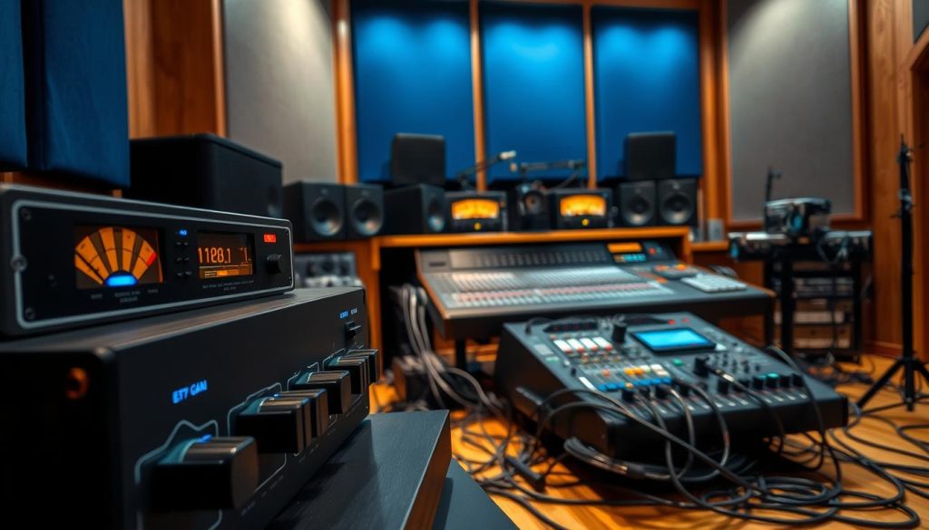 A detailed studio scene showcasing various sound engineering equipment, emphasizing the concept of "écho" in a creative way. In the foreground, a sleek analog tape delay machine with dials and vibrant lights, suggesting the manipulation of sound. In the middle ground, a mixing console with visible meters peaking, and various audio cables artistically arranged around it, creating a sense of organized chaos. The background features acoustic panels and soft lighting that casts gentle shadows, enhancing the atmosphere of a professional recording studio. The color palette includes deep blues and warm wood tones, conveying a mood of focus and creativity, ideal for music production and sound engineering. A detailed studio scene showcasing various sound engineering equipment, emphasizing the concept of "écho" in a creative way. In the foreground, a sleek analog tape delay machine with dials and vibrant lights, suggesting the manipulation of sound. In the middle ground, a mixing console with visible meters peaking, and various audio cables artistically arranged around it, creating a sense of organized chaos. The background features acoustic panels and soft lighting that casts gentle shadows, enhancing the atmosphere of a professional recording studio. The color palette includes deep blues and warm wood tones, conveying a mood of focus and creativity, ideal for music production and sound engineering.