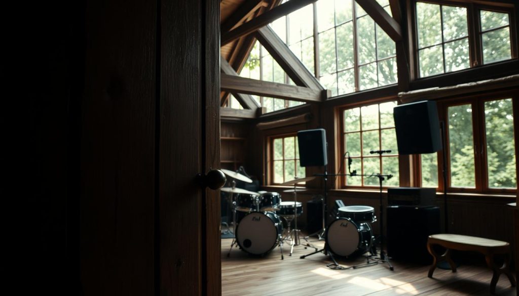 A nostalgic view of Headley Grange, the iconic recording studio nestled in the English countryside. In the foreground, an old wooden door slightly ajar, revealing a glimpse of vintage recording equipment and a microphone set up, emphasizing the intimate atmosphere of the legendary drum recording sessions. The middle layer features the rustic interior, with exposed wooden beams and dim, warm lighting creating an inviting vibe. In the background, large windows showcase the lush greenery outside, bathed in soft daylight, enhancing the serene ambiance. The overall mood is one of creative inspiration and rich musical history, capturing the essence of groundbreaking sound engineering. The image is shot with a wide-angle lens to encompass the depth of the space, with a slight warm filter to evoke a timeless quality.