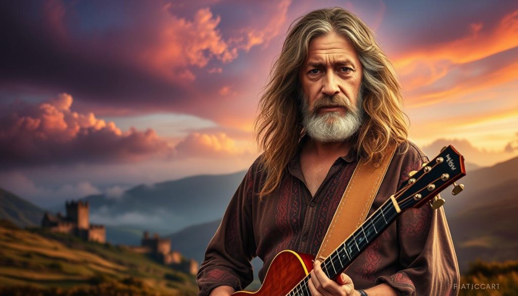 A striking portrait of Robert Plant, capturing his iconic long hair and intense gaze, dressed in a flowing bohemian shirt that hints at his rock persona. In the foreground, he stands boldly with a guitar, embodying the spirit of folk and epic storytelling. The middle ground features a mythical Scottish landscape, with rolling hills and ancient castles, evoking a sense of history and legend. In the background, ethereal clouds swirl, reminiscent of Tolkien's realms, blending twilight colors that range from deep purples to soft golds, creating a mystical atmosphere. The lighting is warm and dramatic, highlighting his features while casting enchanting shadows. This image should evoke the power and depth of mythology intertwined with music.