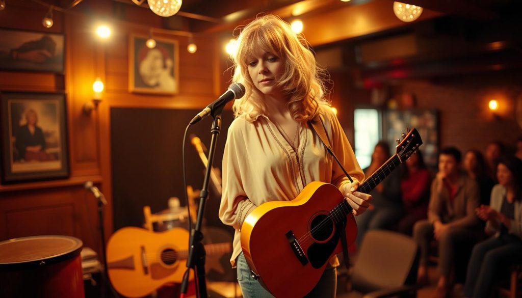 Sandy Denny stands in a softly lit, cozy folk music venue, embodying the ethereal quality of her voice. In the foreground, she is portrayed mid-performance, wearing a flowing, vintage-inspired blouse and denim jeans, her tousled hair gently framing her face. The middle of the scene showcases a warm wooden stage with an acoustic guitar resting nearby, and a microphone set up in front of her. In the background, faint silhouettes of captivated audience members can be seen, illuminated by soft, warm overhead lighting that creates an intimate atmosphere. The lens angle captures her soulful expression, enhancing the emotional resonance of her music, evoking a nostalgic yet vibrant feeling of the 1960s folk revival. Sandy Denny stands in a softly lit, cozy folk music venue, embodying the ethereal quality of her voice. In the foreground, she is portrayed mid-performance, wearing a flowing, vintage-inspired blouse and denim jeans, her tousled hair gently framing her face. The middle of the scene showcases a warm wooden stage with an acoustic guitar resting nearby, and a microphone set up in front of her. In the background, faint silhouettes of captivated audience members can be seen, illuminated by soft, warm overhead lighting that creates an intimate atmosphere. The lens angle captures her soulful expression, enhancing the emotional resonance of her music, evoking a nostalgic yet vibrant feeling of the 1960s folk revival.