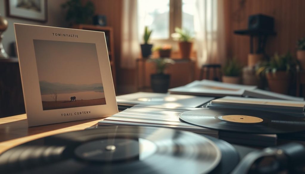 A beautifully arranged album cover displayed prominently in the foreground, showcasing a minimalist aesthetic. The cover features gentle, nature-inspired artwork in soft pastel colors, evoking a sense of calm and tranquility. In the middle ground, an assortment of vinyl records is artfully scattered, hinting at a diverse musical collection, with their glossy surfaces reflecting soft diffused light. The background is softly blurred, depicting a cozy, intimate room with warm wooden tones and subtle plants, creating an inviting atmosphere. The lighting is warm and natural, reminiscent of a sunlight-drenched afternoon, adding to the overall serene mood. The composition captures the essence of folk music, with an emphasis on simplicity and emotional connection. A beautifully arranged album cover displayed prominently in the foreground, showcasing a minimalist aesthetic. The cover features gentle, nature-inspired artwork in soft pastel colors, evoking a sense of calm and tranquility. In the middle ground, an assortment of vinyl records is artfully scattered, hinting at a diverse musical collection, with their glossy surfaces reflecting soft diffused light. The background is softly blurred, depicting a cozy, intimate room with warm wooden tones and subtle plants, creating an inviting atmosphere. The lighting is warm and natural, reminiscent of a sunlight-drenched afternoon, adding to the overall serene mood. The composition captures the essence of folk music, with an emphasis on simplicity and emotional connection.