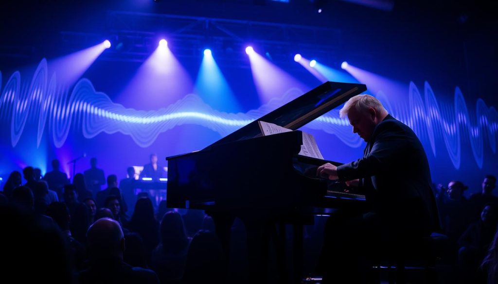 A captivating live performance scene inspired by "No Quarter," featuring a skilled keyboardist passionately playing a grand piano. In the foreground, the pianist is dressed in a stylish black suit, with intense focus and emotion on their face. The middle ground showcases a dimly lit concert stage, adorned with atmospheric blue and purple lights creating a mystical ambiance. Surrounding the stage, a captivated audience is immersed in the music, their silhouettes blending into the shadows. The background features vivid sound waves visually emanating from the piano, symbolizing the powerful essence of the song's "sonic quality." Capture the essence with dramatic lighting, shot from a low angle to emphasize the connection between the musician and the audience, evoking a profound and immersive experience.